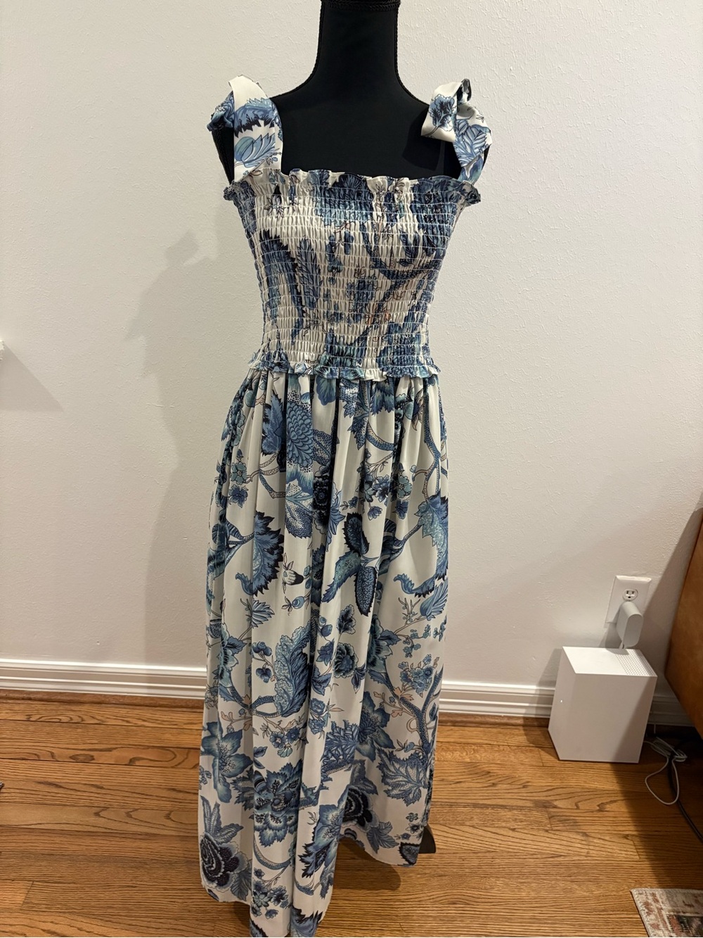 Goodnight Macaroon Blue and White Floral Smocked Maxi Dress